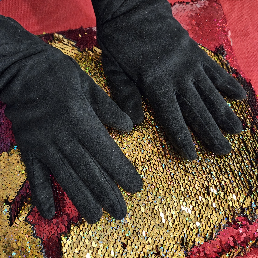 Black Suede Feel Dressy Finger Gloves Gathered Bow At The Wrist Band Detail